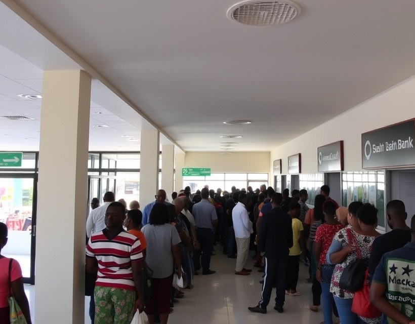 Before — A single line for every transaction type, with the wait piling up at the entrance.